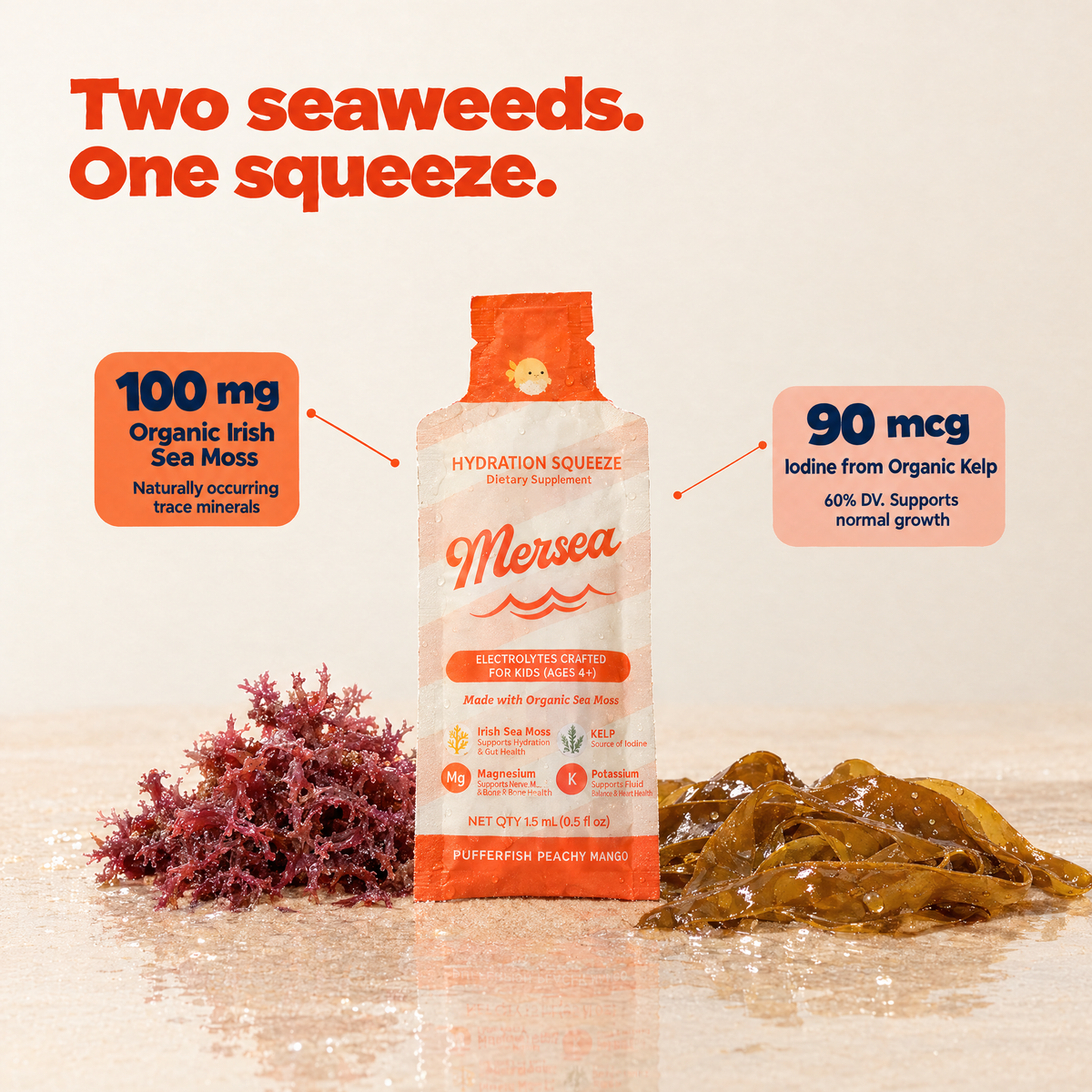 Two seaweeds, one squeeze: Mersea kids electrolyte gel with 100 mg organic Irish sea moss and 90 mcg iodine from organic kelp