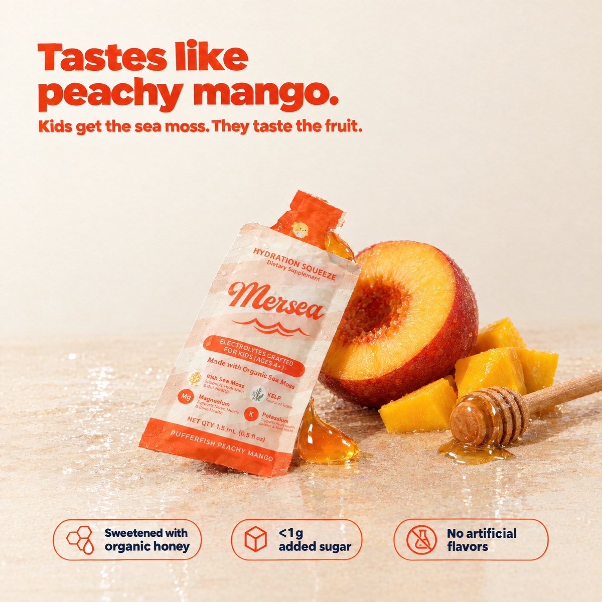 Tastes like peachy mango: Mersea kids hydration squeeze with fresh peach, mango and organic honey - sweetened with organic honey, under 1g added sugar, no artificial flavors