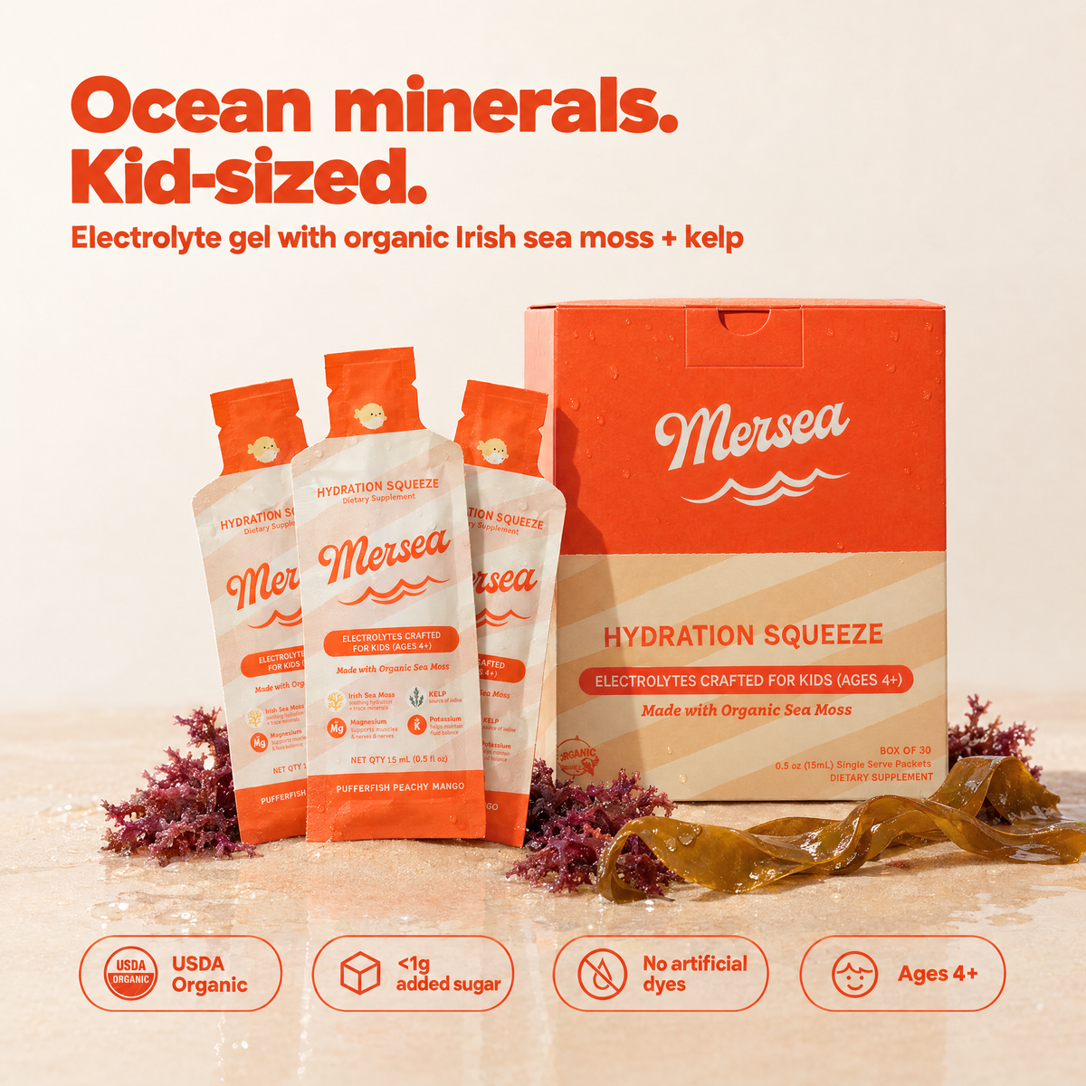 Ocean minerals, kid-sized: Mersea kids electrolyte gel squeezes and box with organic Irish sea moss and kelp - USDA Organic, under 1g added sugar, no artificial dyes, ages 4+